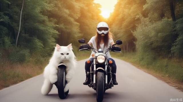 Motorcyclists, long-haired girls in helmets, highways to the sky, dense woods, trees covered with white fluffy cats, cats sleeping, sunset on the road