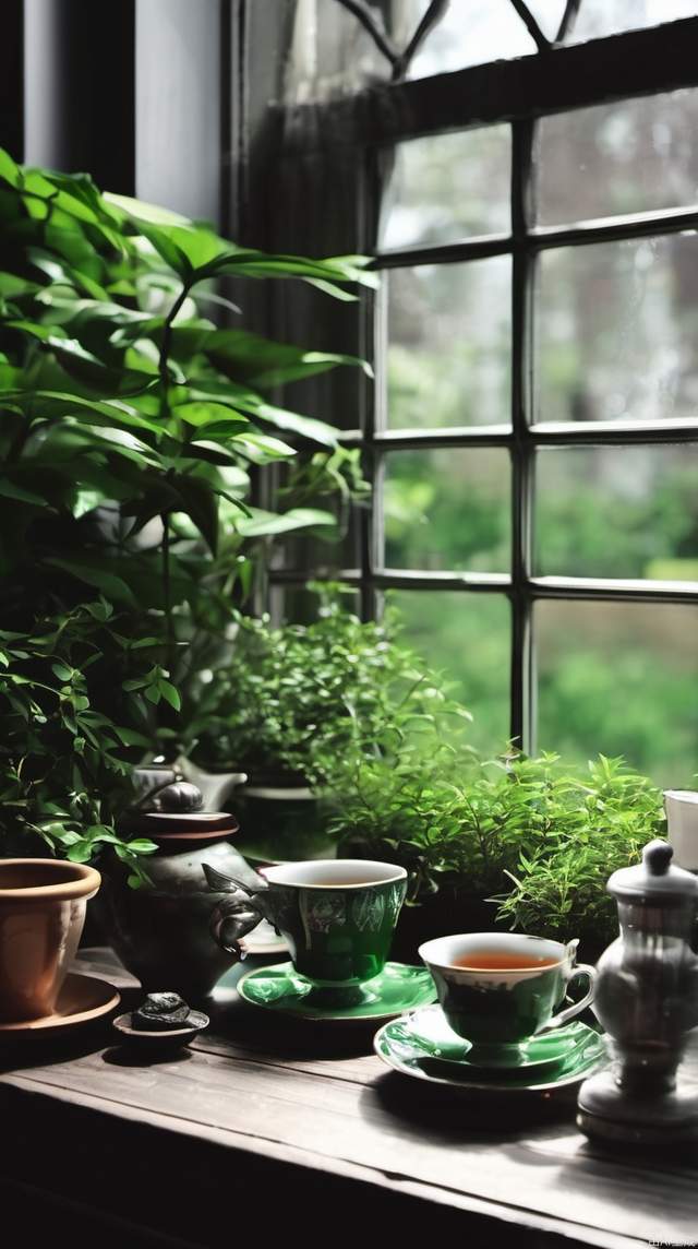 Tea room, green plants, green plants outside the window, dark tea table, teacup