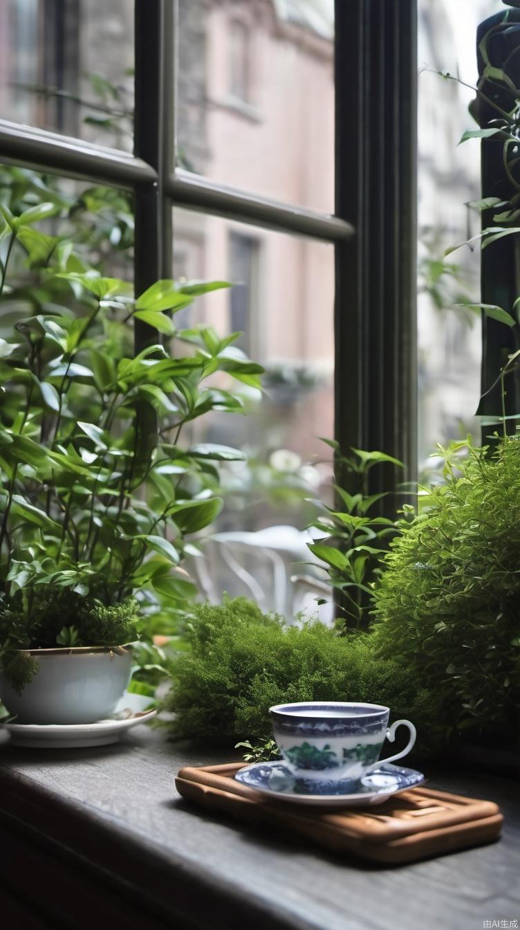 茶室，窗外绿植，深色茶几，茶杯