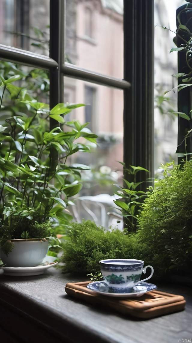 Tea room, green plants outside the window, dark tea table, teacup