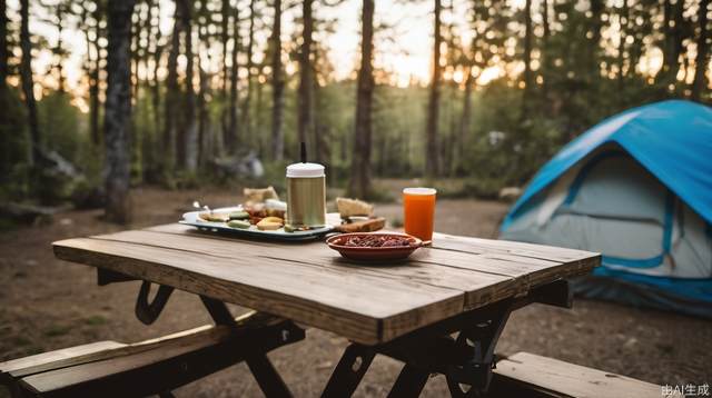  close-up, Campground,camping table，All you see is the table, showing a little bit of the surroundings