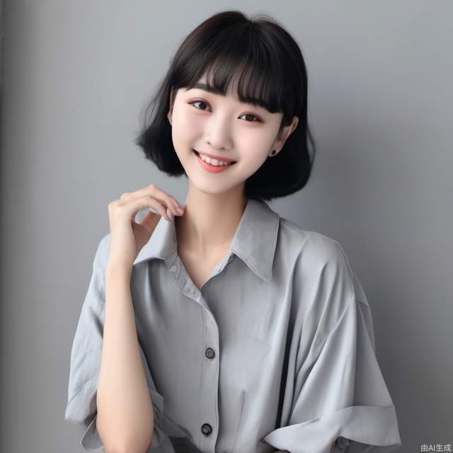 An 18-year-old Chinese girl with short black hair, a smile, smooth and delicate skin, a gray background, a bust, and a live photo shoot