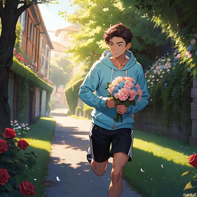 Masterpiece, best quality, 1 boy, solo, light blue hoodie, running, holding a bouquet of flowers, roses, surrounded by trees, daytime, sunshine