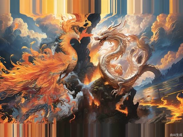 Two animals face to face, a huge, colorful Chinese dragon and another bird of a kind in ancient Chinese legends. The bird's head has a long feather, multiple long tail feathers, and flaming wings. There is a lot of flame and smoke between the dragon and the bird, and there are various other elements in the background, such as plants, clouds, and flowing water. Overall, the image is full of movement and mystery.