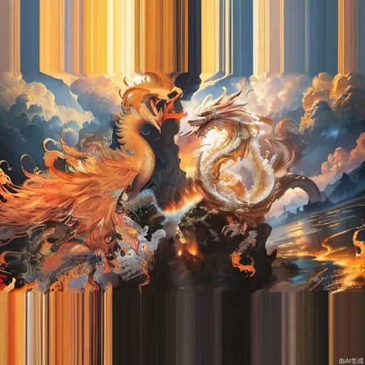 Two animals face to face, a huge, colorful Chinese dragon and another bird of a kind in ancient Chinese legends. The bird's head has a long feather, multiple long tail feathers, and flaming wings. There is a lot of flame and smoke between the dragon and the bird, and there are various other elements in the background, such as plants, clouds, and flowing water. Overall, the image is full of movement and mystery.