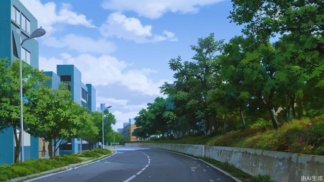 Environment, blue sky, white clouds, campus, youth, hand-painted, clear, line drawing, cartoon