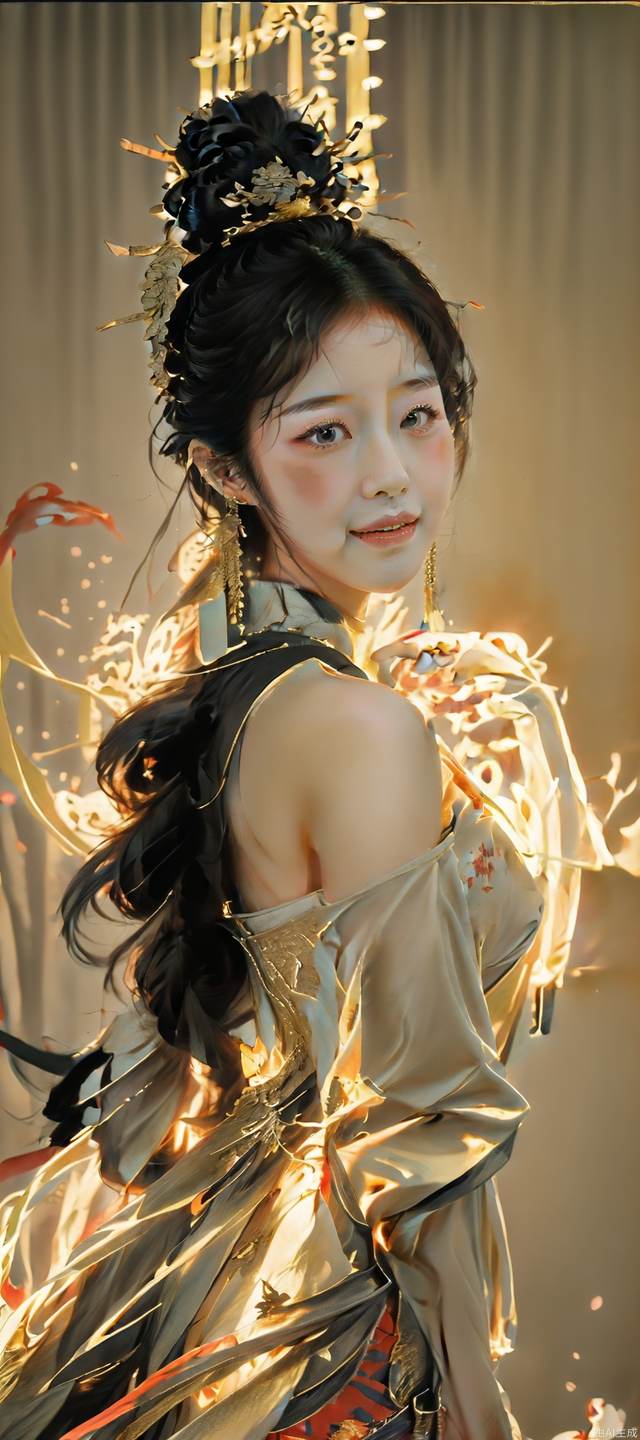 Chinese women, long dress, upper body, golden lights, dance scene, elegant posture, Chinese style, elegant temperament, happy, national style clothing