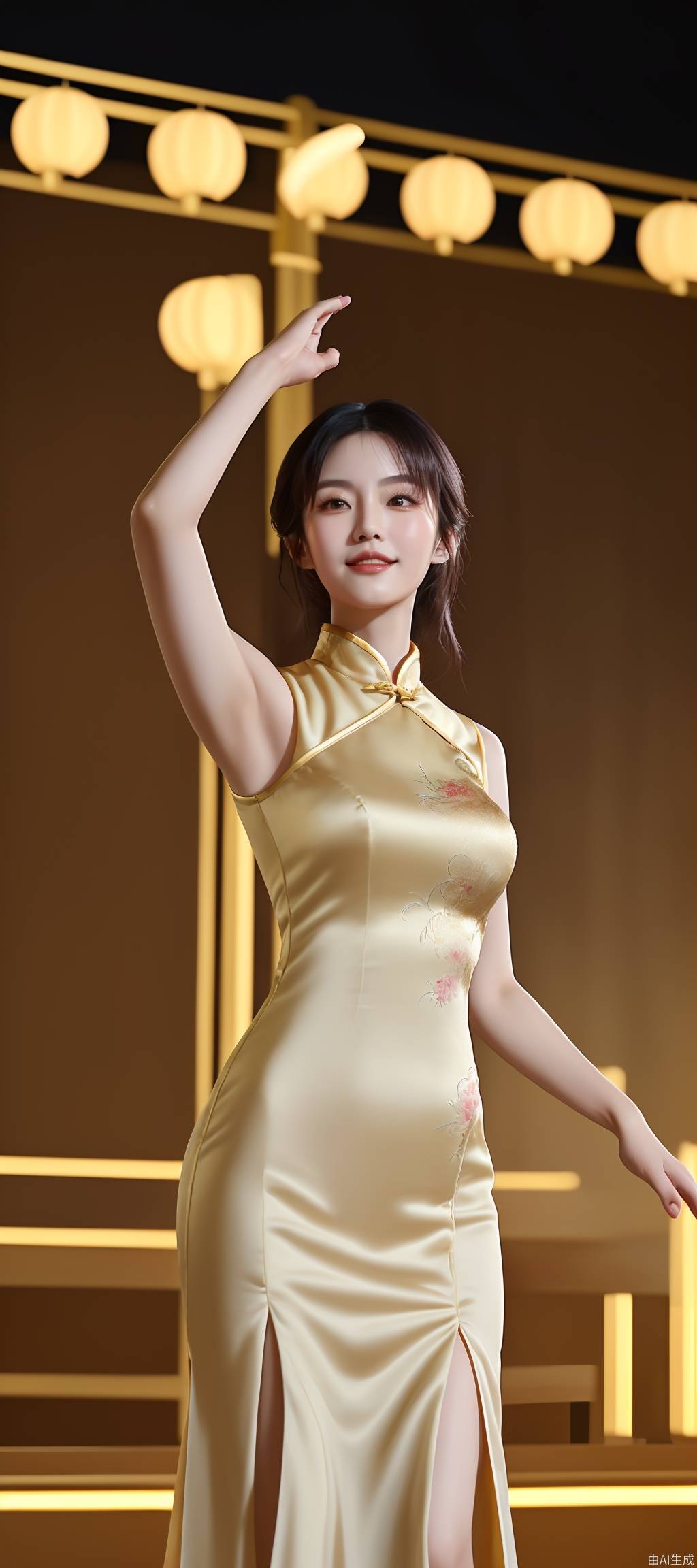 中国美女，长裙，上身，金色灯光，舞蹈场景