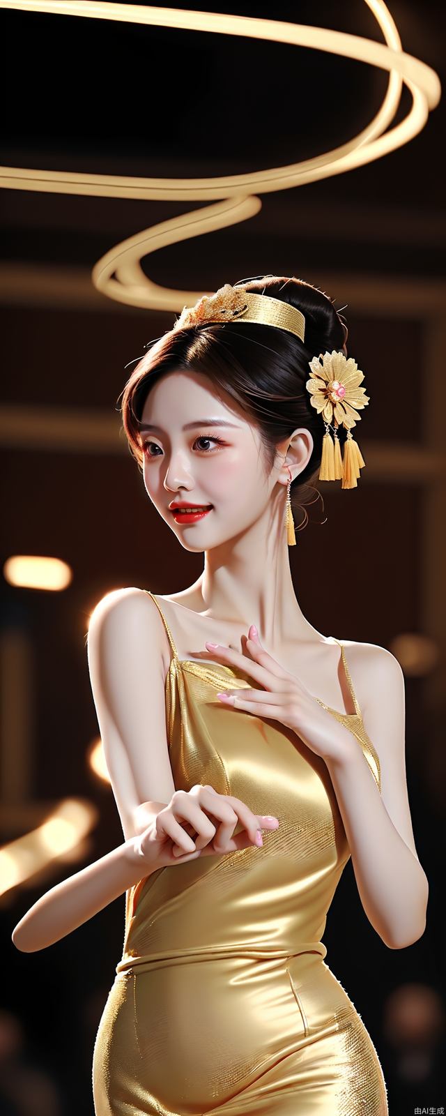Chinese professional woman, long dress, upper body, golden lights, dance scene, elegant posture, Chinese style, elegant temperament, happy