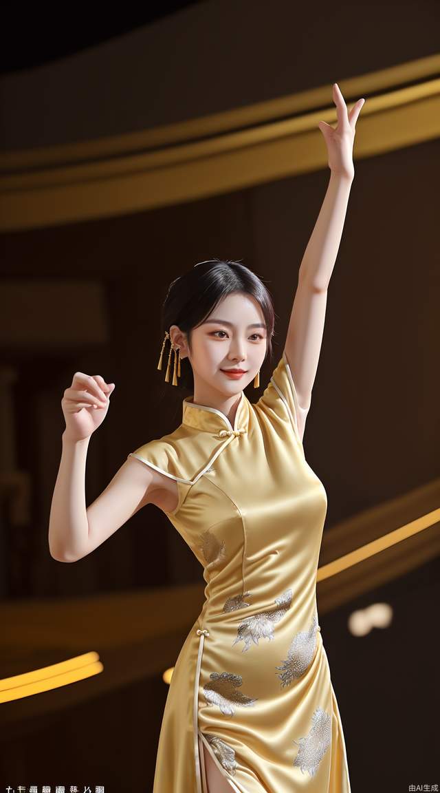 Chinese beautiful women, long dress, upper body, golden lights, dance scene, elegant posture, Chinese style, elegant temperament, happy, antique clothing