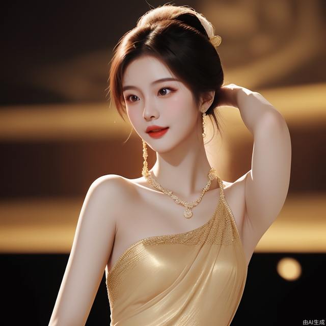 Chinese women, long dress, upper body, golden lights, dance scene, elegant posture, Chinese style, elegant temperament, happy