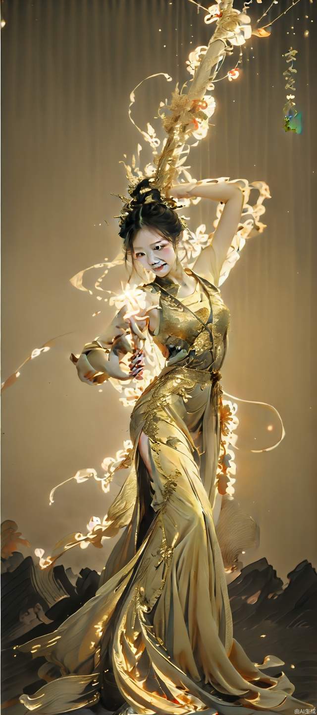 Chinese women, long dress, upper body, golden lights, dance scene, elegant posture, Chinese style, elegant temperament, happy, national style clothing