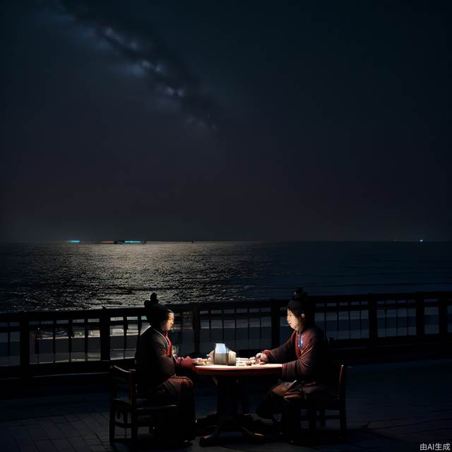 In the Tang Dynasty, at night, Li Bai and his friends drank and recited poetry by the sea