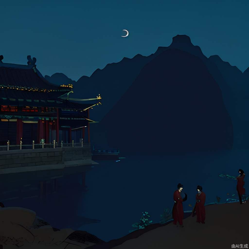 在中国的唐朝李白和他的朋友晚上在风景优美