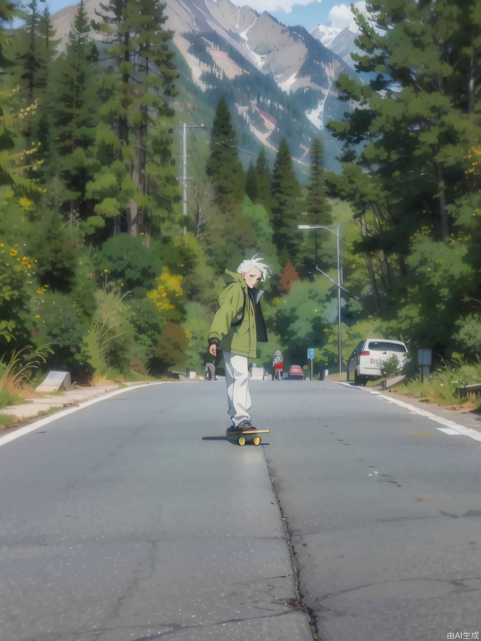 通往雪山的高速公路上美丽的动漫风景，一个