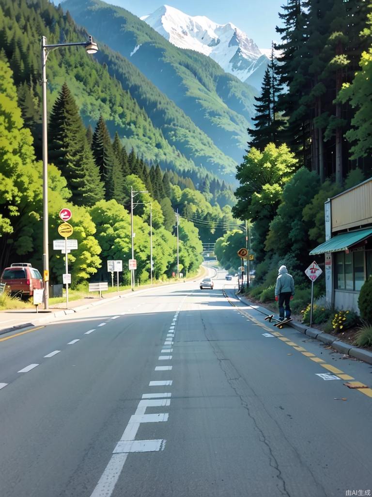 通往雪山的高速公路上美丽的动漫风景，一个