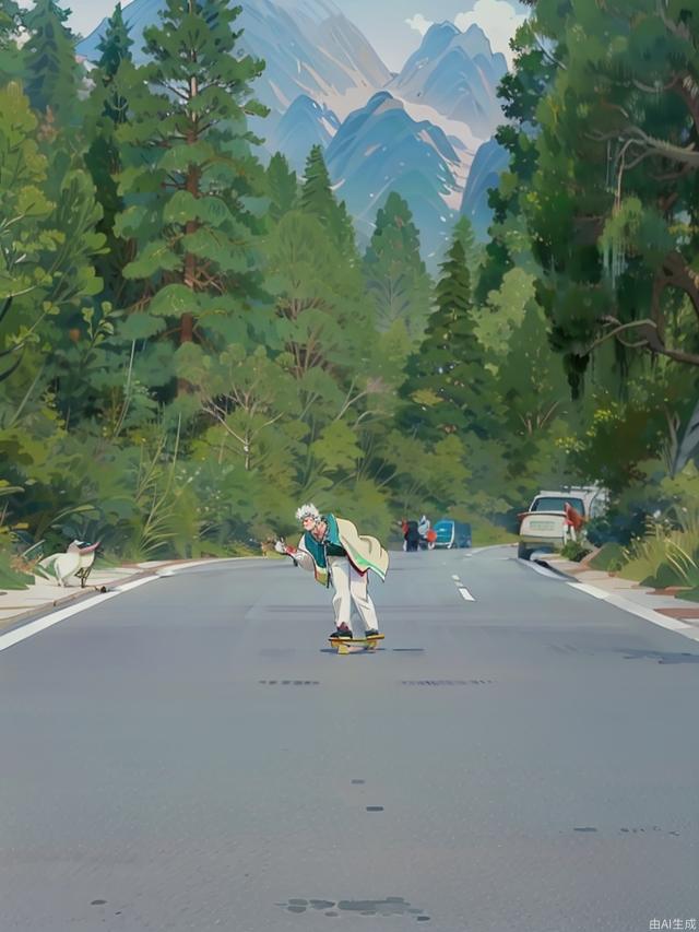 The beautiful anime scenery on the highway to the snow-capped mountains, a man painting a skateboard in the middle of the road, the man wearing a light green coat and white pants, facing the camera, the man's white hair, masterpieces, the best quality, detailed, anime style,