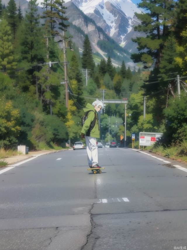 The beautiful anime scenery on the highway to the snow-capped mountains, a man painting a skateboard in the middle of the road, the man wearing a light green coat and white pants, facing the camera, the man's white hair, masterpieces, the best quality, detailed, anime style,