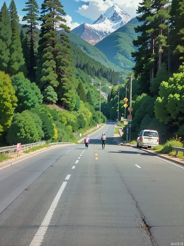 The beautiful anime scenery on the highway leading to the snow-capped mountains, a young man standing on a skateboard in the middle of the road, skateboarding, a man wearing a light green coat and white pants with silver hair, with a smile on his face, facing the camera , masterpiece, the best quality, detail, anime style,