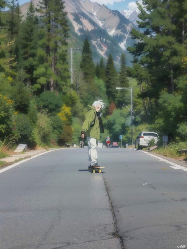 The beautiful anime scenery on the highway to the snow-capped mountains, a man painting a skateboard in the middle of the road, the man wearing a light green coat and white pants, facing the camera, the man's white hair, masterpieces, the best quality, detailed, anime style,