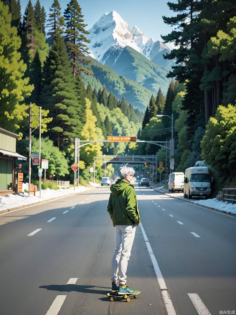 通往雪山的高速公路上美丽的动漫风景，一个