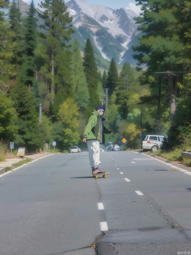 The beautiful anime scenery on the highway to the snow-capped mountains, a man painting a skateboard in the middle of the road, the man wearing a light green coat and white pants, facing the camera, the man's white hair, masterpieces, the best quality, detailed, anime style,