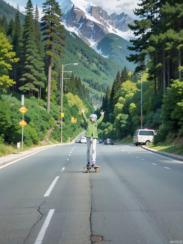 The beautiful anime scenery on the highway leading to the snow-capped mountains, a young man standing on a skateboard in the middle of the road, skateboarding, a man wearing a light green coat and white pants with silver hair, with a smile on his face, facing the camera with his hands open, masterpiece, the best quality, detail, anime style,