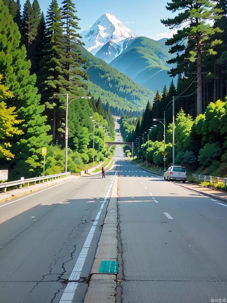 通往雪山的高速公路上美丽的动漫风景，一个