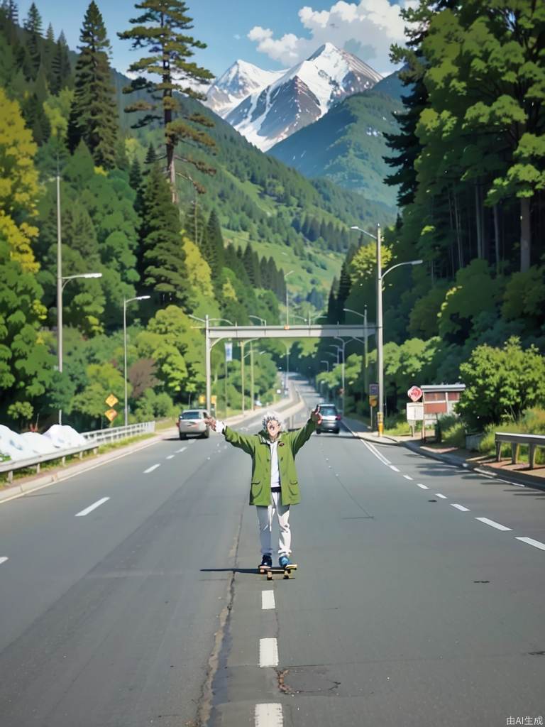 通往雪山的高速公路上美丽的动漫风景，一个