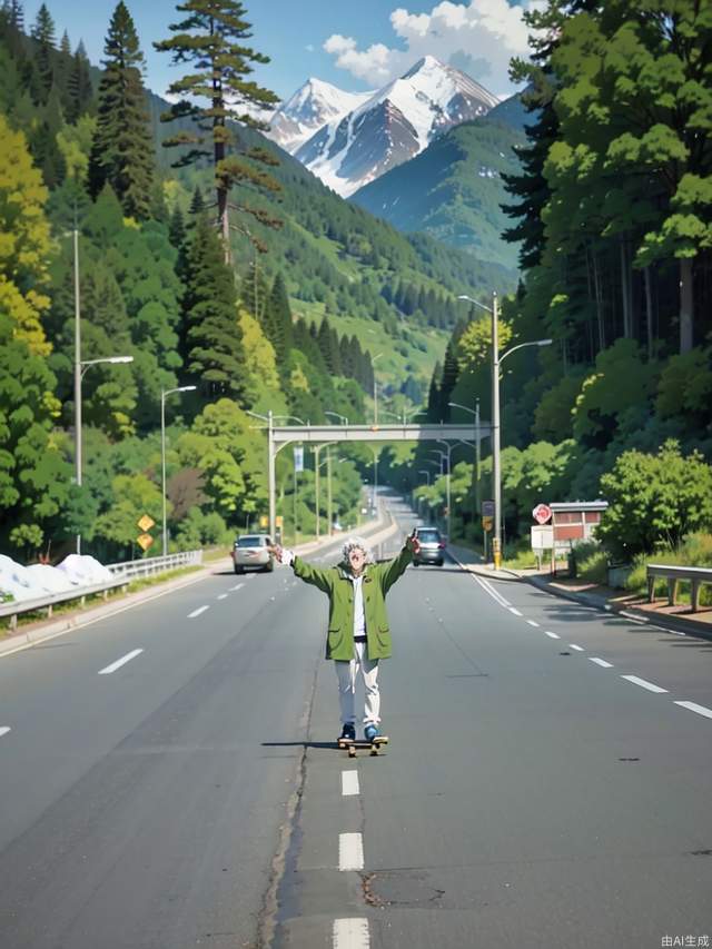 The beautiful anime scenery on the highway leading to the snow-capped mountains, a young man standing on a skateboard in the middle of the road, skateboarding, a man wearing a light green coat and white pants with silver hair, with a smile on his face, facing the camera with his hands open, masterpiece, the best quality, detail, anime style,