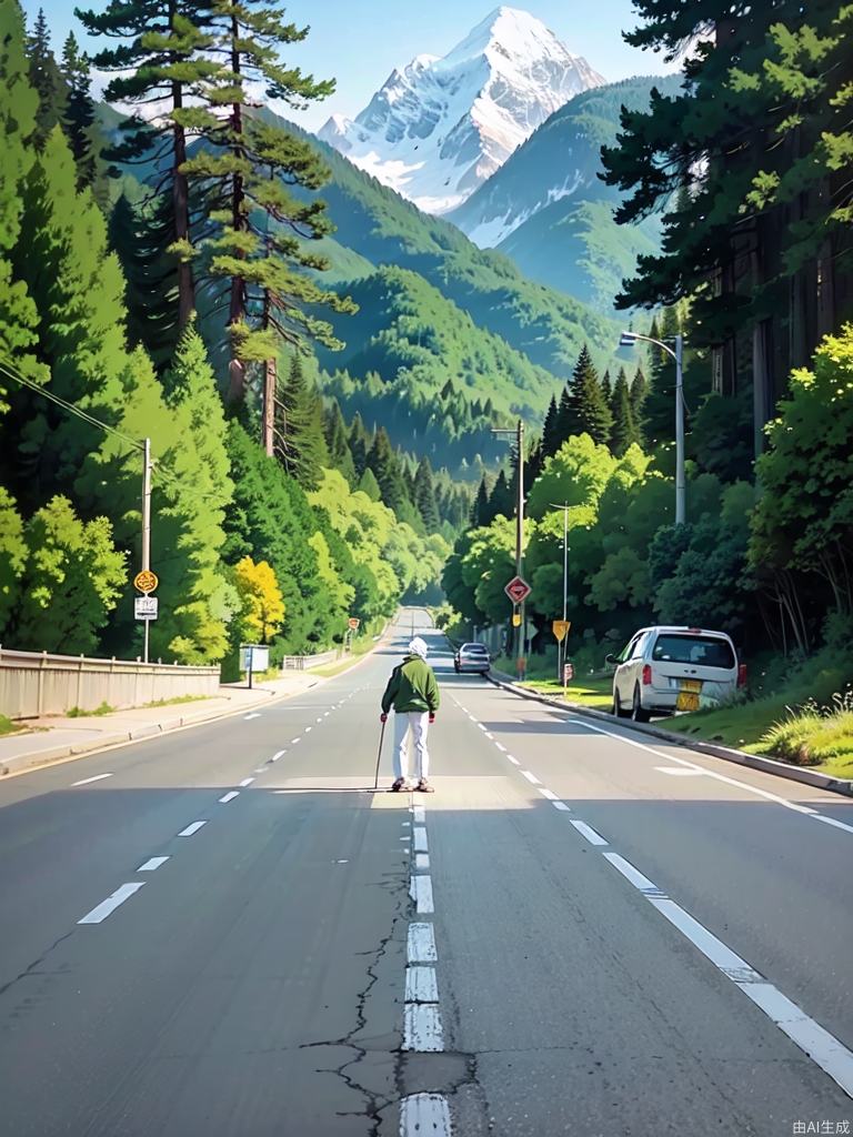 通往雪山的高速公路上美丽的动漫风景，一个