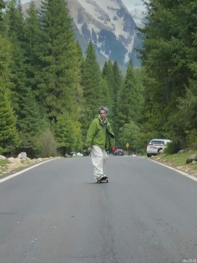 The beautiful anime scenery on the highway to the snow-capped mountains, a man painting a skateboard in the middle of the road, the man wearing a light green coat and white pants, facing the camera, the man's white hair, masterpieces, the best quality, detailed, anime style,