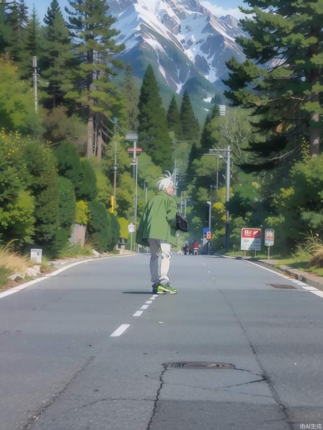 Beautiful anime scenery of highway going to the snow mountain, a man painting skateboarding in the middle of the road, the man wearing a light green coat and white pants, the man's white hair, masterpiece, best quality, detailed, anime style,