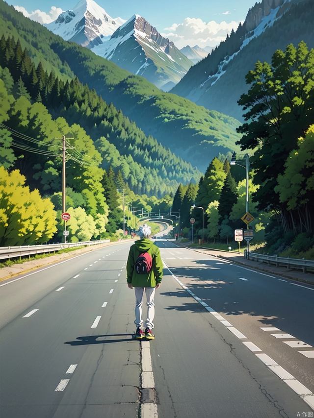 The beautiful anime scenery on the highway leading to the snow-capped mountains, a young man standing on a skateboard in the middle of the road, the man wearing a light green coat and white pants with silver hair, facing the camera, masterpieces, the best quality, details, anime style,