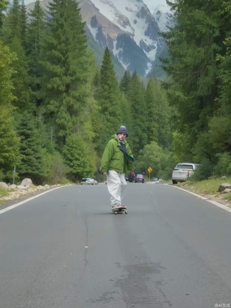 通往雪山的高速公路上美丽的动漫风景，一个