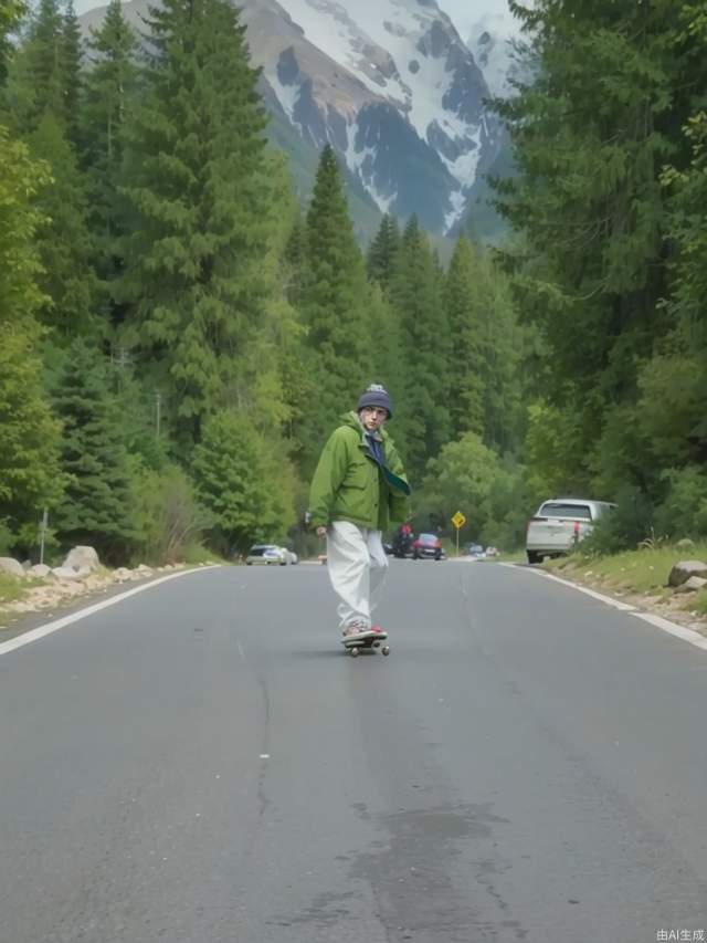 The beautiful anime scenery on the highway to the snow-capped mountains, a man painting a skateboard in the middle of the road, the man wearing a light green coat and white pants, facing the camera, the man's white hair, masterpieces, the best quality, detailed, anime style,