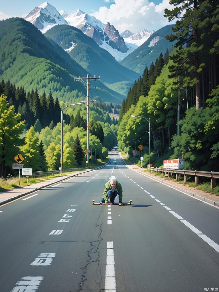 通往雪山的高速公路上美丽的动漫风景，一个