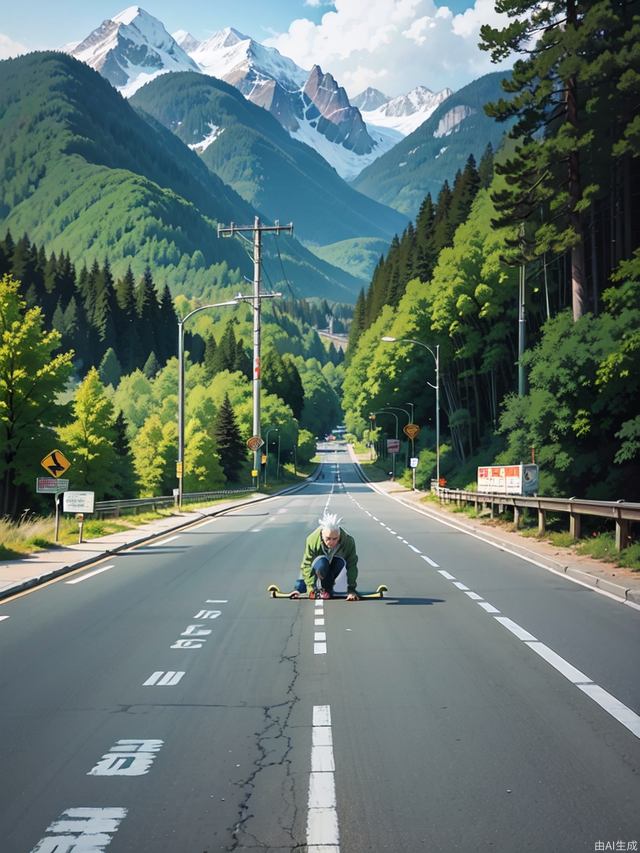 The beautiful anime scenery on the highway to the snow-capped mountains, a man painting a skateboard in the middle of the road, the man wearing a light green coat and white pants, facing the camera, the man's white hair, masterpieces, the best quality, detailed, anime style,