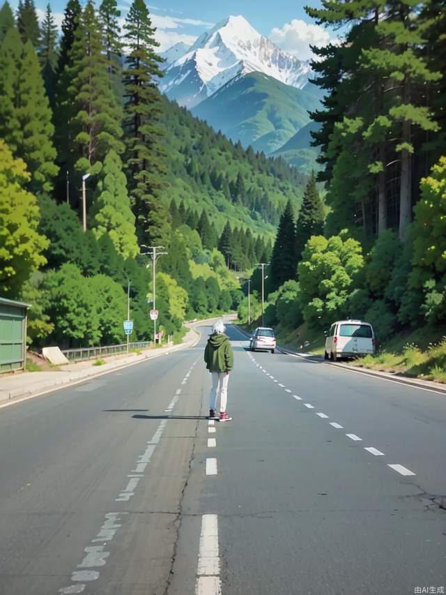 The beautiful anime scenery on the highway leading to the snow-capped mountains, a young man standing on a skateboard in the middle of the road, skateboarding, a man wearing a light green coat and white pants with silver hair, with a smile on his face, facing the camera , masterpiece, the best quality, detail, anime style,