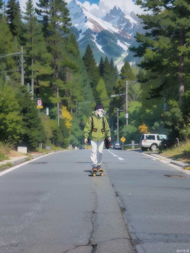 通往雪山的高速公路上美丽的动漫风景，一个