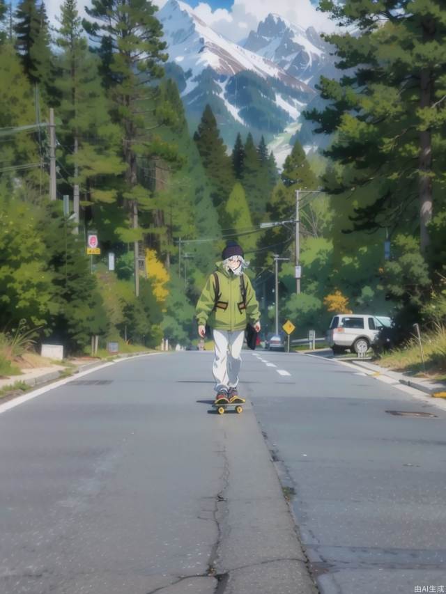 The beautiful anime scenery on the highway to the snow-capped mountains, a man painting a skateboard in the middle of the road, the man wearing a light green coat and white pants, facing the camera, the man's white hair, masterpieces, the best quality, detailed, anime style,