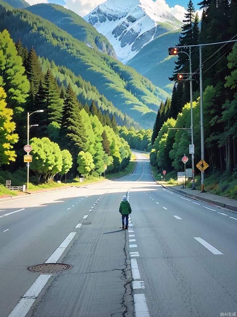 通往雪山的高速公路上美丽的动漫风景，一个