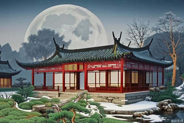 A ultra-realistic CG rendering of Ancient China,There is a stream, jiangnan ancient buildings on besides of thet stream,in the evening,Maple with milky leaves tree,snow scene， a moon in the sky