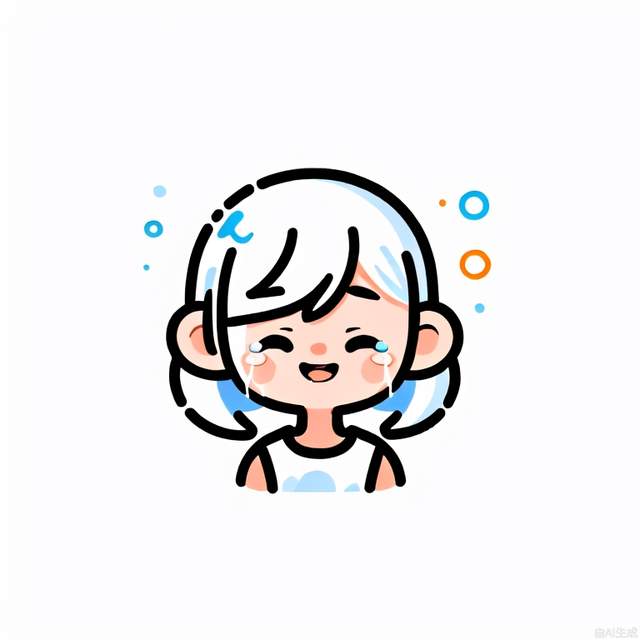 monochromatic thick line doodle, Flat minimal 2D illustration, of a happy girl , crying, abstract, minimalistic, vector art, white background, white space, white and black color scheme. tuya,monochrome, MBE_style simple drawing, minimalism, cute, 