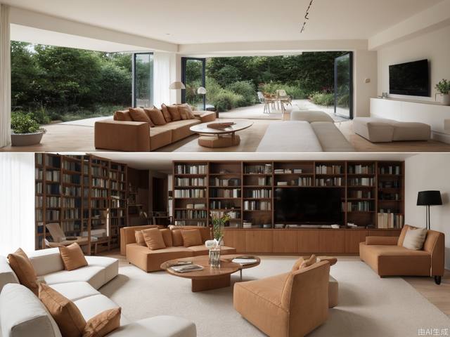 Bookshelves and sofas in the living room