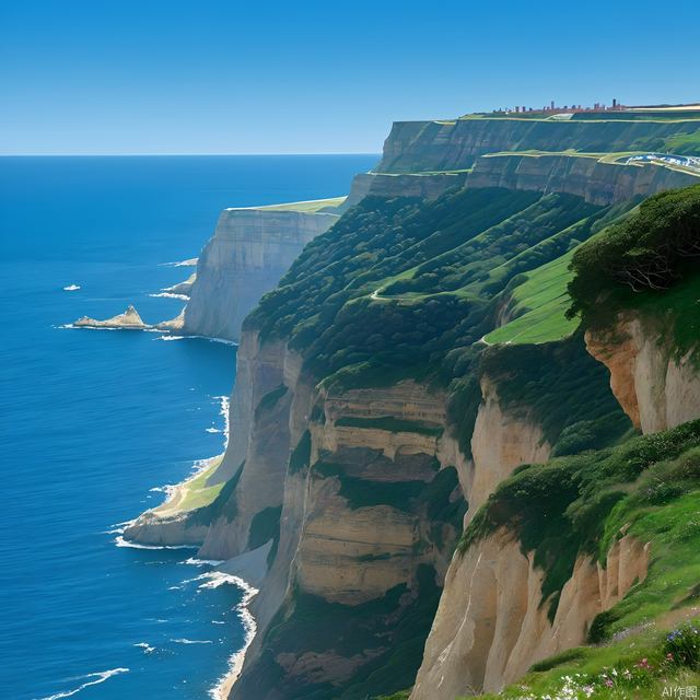 The blue sea, the cliff in the distance, there is a beautiful coastal road below the cliff