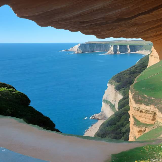 The blue sea, the cliff in the distance, there is a beautiful coastal road below the cliff