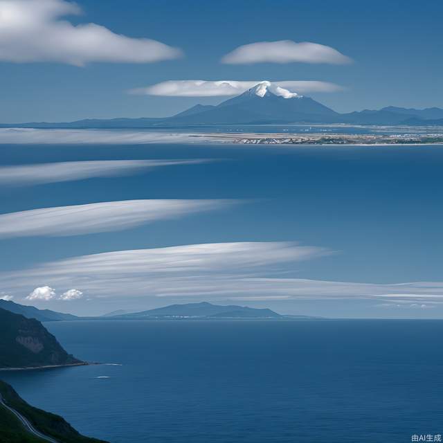 On the sea surface, there is a mountain surrounded by clouds in the distance, and there is a coastal road below the mountain