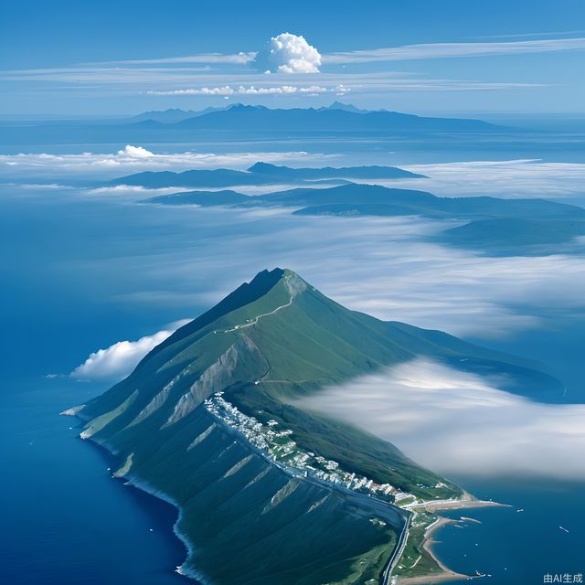 On the sea surface, there is a mountain surrounded by clouds in the distance, and there is a coastal road below the mountain