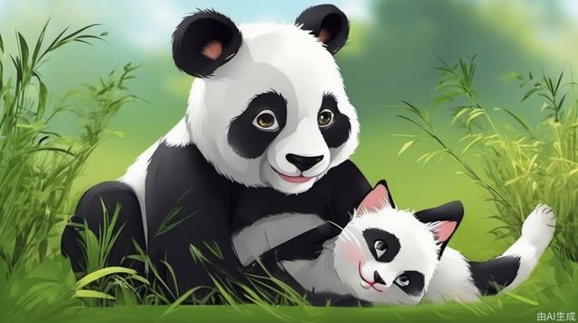 The panda is playing with the cat in the grass